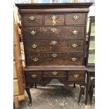 GEORGE II OAK CHEST ON STAND WITH CAVETTO MOULDED CORNICE,CARRIED ON CABRIOLE LEGS WITH PAD FEET.