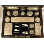 VICTORIAN COROMANDEL AND BRASS INLAID TRAVELLING VANITY BOX FITTED WITH SILVER MOUNTED
