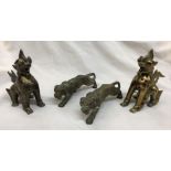 PAIR OF METALWARE PROWLING TIGERS AND PAIR OF BRASS SIAM TEMPLE DOGS 13CM