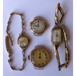 TWO 9CT GOLD WRIST WATCHES ON EXPANDING BRACELET STRAPS AND TWO 9CT GOLD WATCH FACES 41.