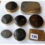 EARLY 19TH CENTURY SHEFFIELD PLATE RECTANGULAR AND ROUNDEL PATCH AND SNUFF BOXES AND SILK LINED