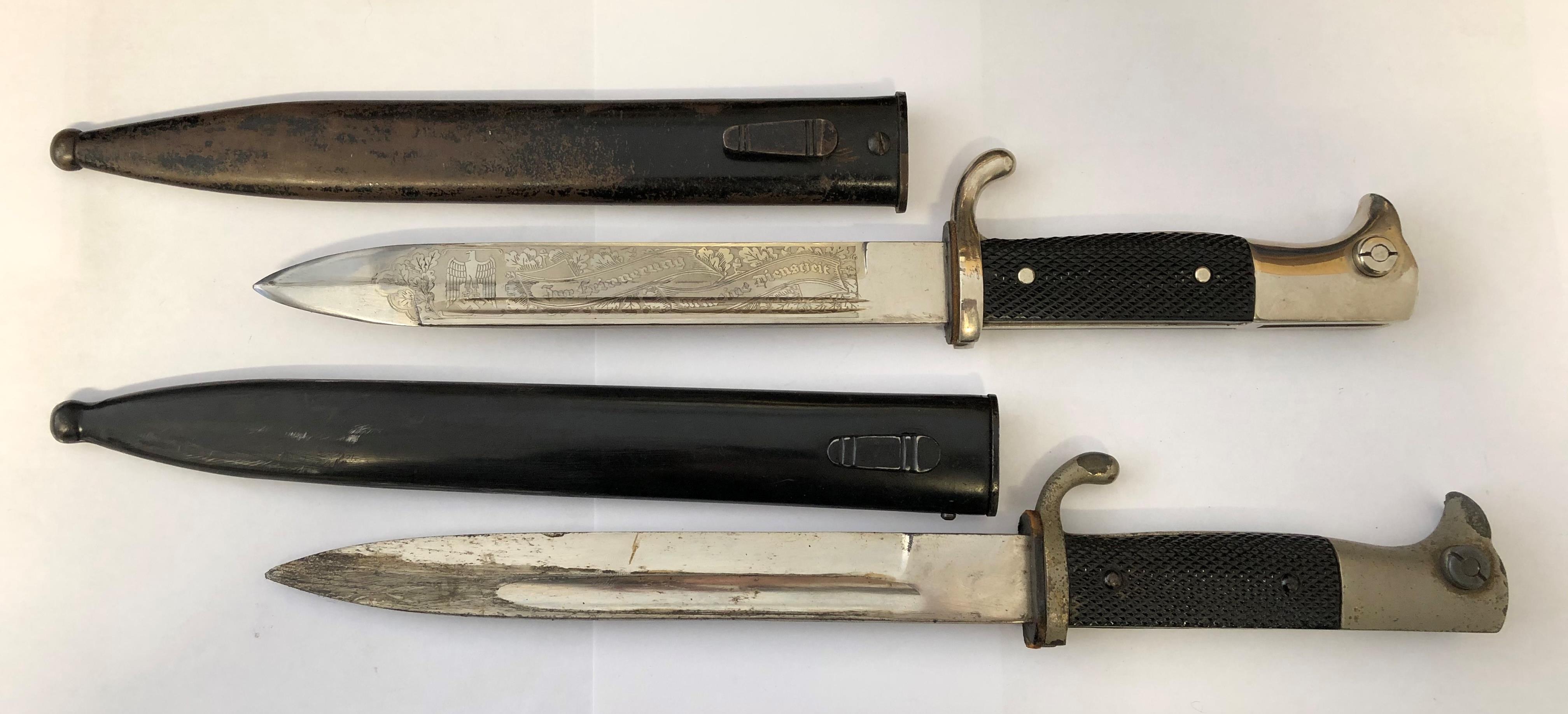 TWO WWII GERMAN DRESS BAYONETS IN SCABBARDS -ONE WITH ENGRAVED BLADE