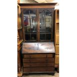 EDWARDIAN MAHOGANY BUREAU BOOKCASE INLAID WITH STRINGING 92CM W X 203CM H X 44CM D APPROX