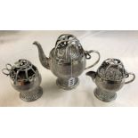 INDIAN COLONIAL KUTCH WHITE METAL ORNATE FOUR PIECE TEA SERVICE 49oz APPROX inc SUGAR TONGS