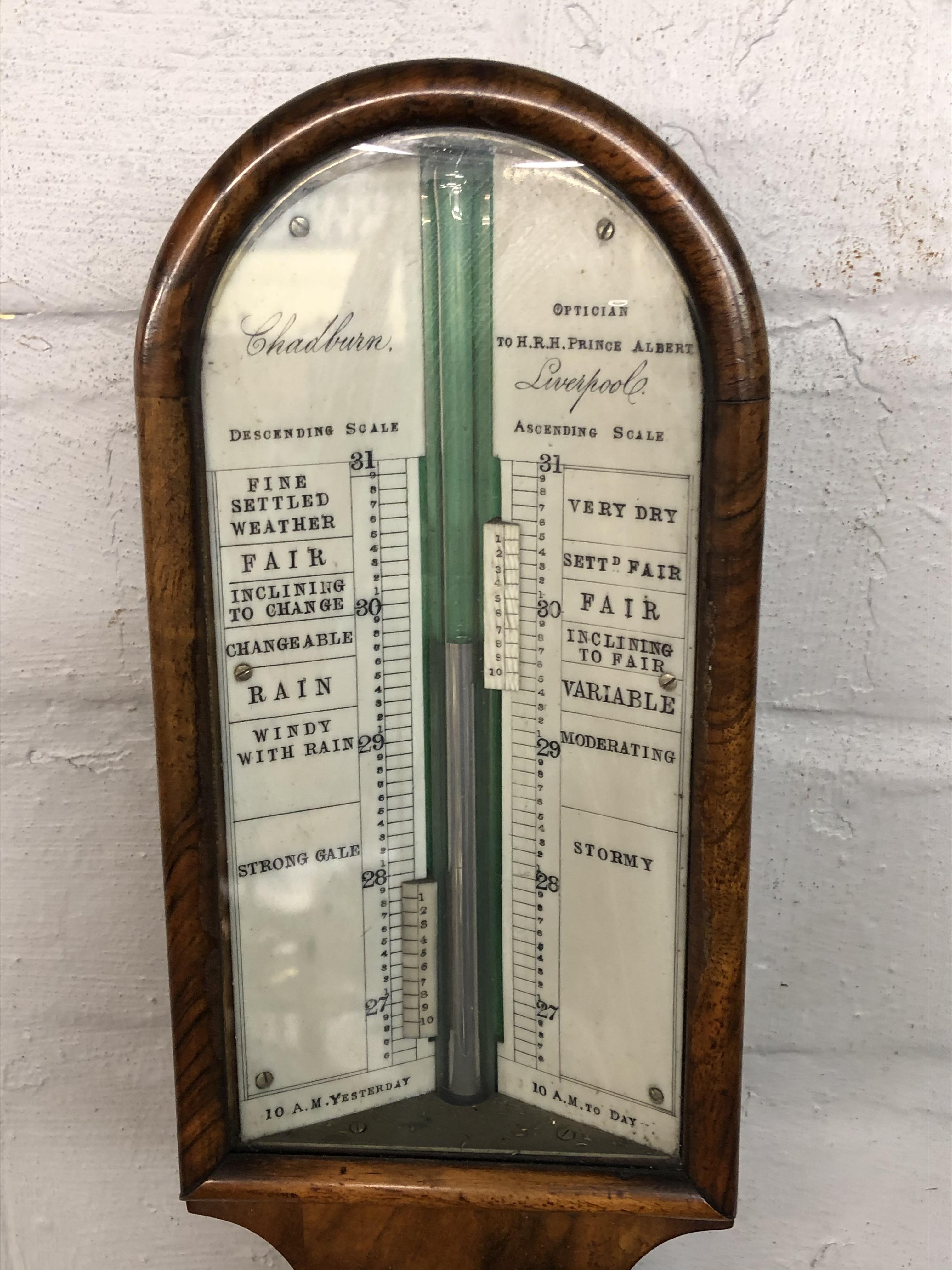 19TH CENTURY WALNUT CASED MERCURY STICK BAROMETER BY CHADBURN OPTICIAN TO HIS ROYAL HIGHNESS , - Image 2 of 5