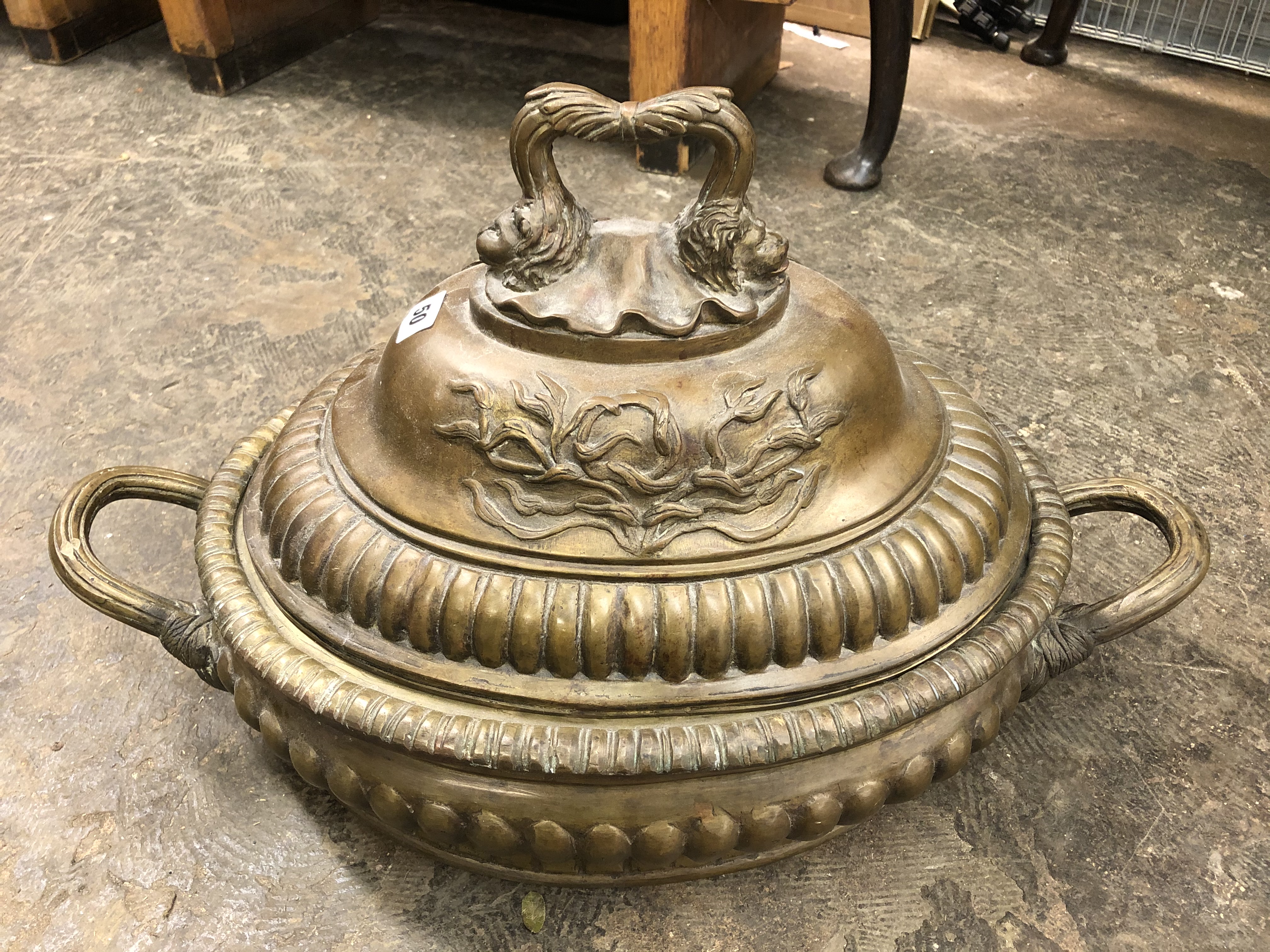 EARLY 20TH CENTURY BRONZE LOBED OVAL TUREEN AND COVER WITH LION FACE MASK HANDLE 37CMH X60CM - Image 6 of 6