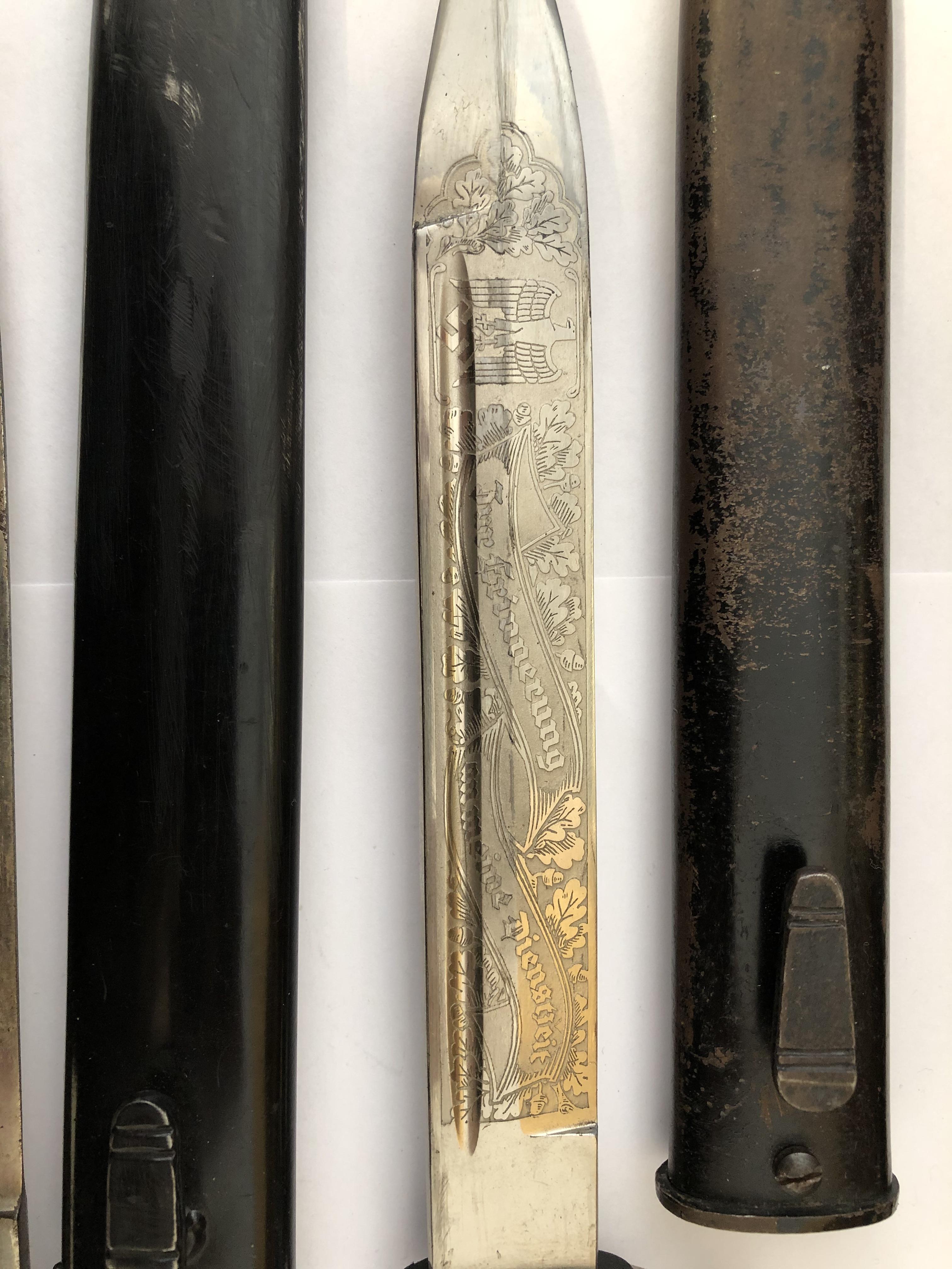 TWO WWII GERMAN DRESS BAYONETS IN SCABBARDS -ONE WITH ENGRAVED BLADE - Image 6 of 12