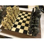 20TH CENTURY REYNARD PATTERN CHESS SET AND BOARD(LION,BEAR,