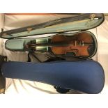 VIOLIN IN CASE WITH BOW UNMARKED 59CM OVERALL LENGTH AND A MORE MODERN NYLON VIOLIN CASE