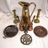 PAIR OF COPPER CHOCOLATE POTS, PAIR OF 19TH CENTURY BRASS KNOPPED CANDLESTICKS, TAPERED BRASS EWER,