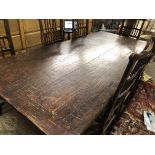 A 17TH CENTURY STYLE REFECTORY DINING TABLE AND EIGHT LANCASHIRE STYLE ASH AND BEECH RUSH SEATED