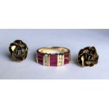 14K GOLD RUBY CHANNEL SET RING A/F SIZE L AND PAIR OF 9CT GOLD ROSE EARRINGS 5.