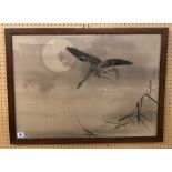 JAPANESE PRINT ON SILK A BIRD IN FLIGHT F/G 68X49CM APPROX