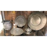 SHELF OF ANTIQUE PEWTER PLATES,