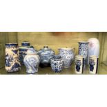 SHELF OF REPRODUCTION CHINESE AND VICTORIAN BLUE AND WHITE WARE TEA CADDY, SPARROWBEAK JUGS,
