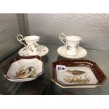 PAIR OF STAFFORDSHIRE COFFEE CANS AND LIMOGES SNIPE AND QUAIL DISHES