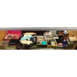 COMPLETE SHELF OF VARIOUS COSTUME JEWELLERY, CHAIN, BEADS, BROOCHES,