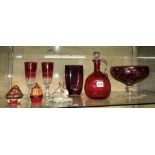 RUBY AND CRANBERRY GLASSWARE INCLUDING CLARET JUG AND BOWL