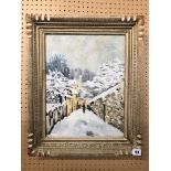 PAINTING OF A SNOW SCENE BY JANET KING 30CM X 39CM APPROX
