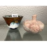 COPPER AND ENAMEL SPLASH BOWL AND CARVED SOAPSTONE GOURD,