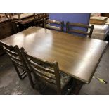 ELM REFECTORY DINING TABLE AND FOUR UPHOLSTERED LADDERBACK CHAIRS