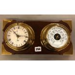 BRASS QUARTZ SHIPS PORTAL CLOCK AND BAROMETER ON WOODEN PLAQUE