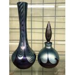 TWO PIECES OF FAVRILLE IRIDESCENT GLASS INCLUDING SCENT BOTTLE AND STOPPER AND SPILL VASE