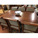 GOOD QUALITY MAHOGANY CROSSBANDED FRENCH EMPIRE STYLE PEDESTAL TABLE WITH TWO LEAVES AND EIGHT