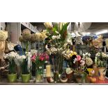 SELECTION OF ARTIFICIAL FLOWERS IN GLASS VASES AND CERAMIC POTS,