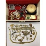 JEWELLERY BOX OF MAINLY DRESS JEWELLERY INCLUDING CLEOPATRA NECKLET, VARIOUS CHAINS, POWDER COMPACT,