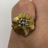 UNMARKED YELLOW METAL SEED PEARL CLUSTER RING SIZE L 4.