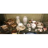 SHELF CONTAINING A SADDLERS GILT LUSTRE THREE PIECE TEA SERVICE,