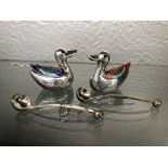 SILVER AND ENAMEL DUCK TABLE SALTS WITH SPOONS