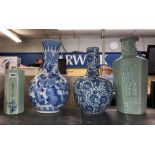 CONTEMPORARY CHINESE BLUE AND WHITE BALUSTER VASES AND CELADON GLAZE HEXAGONAL VASES