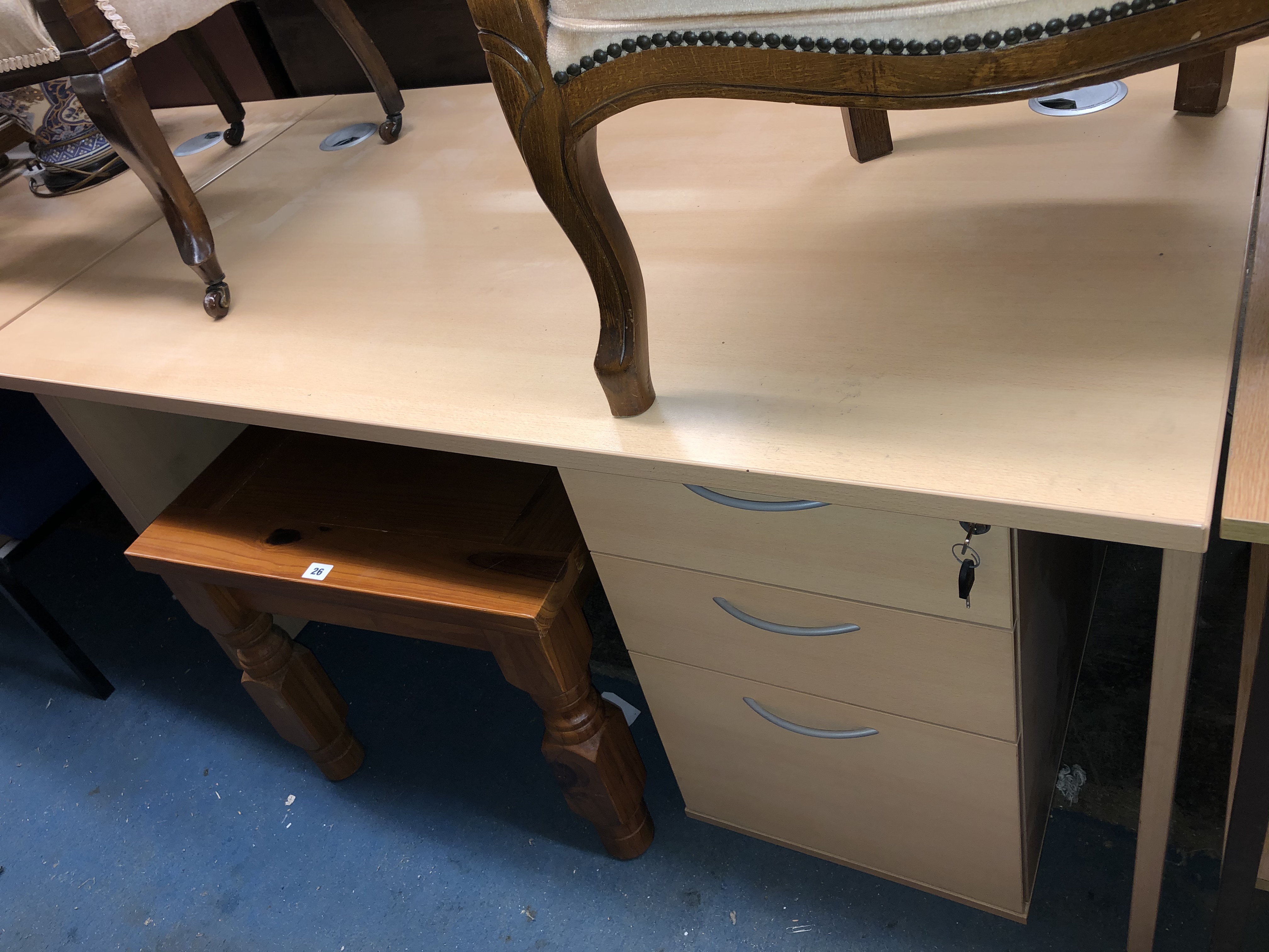 BEECH OFFICE DESK WITH THREE DRAWER PEDESTAL