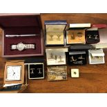 SELECTION OF BOXED CUFFLINK SETS, GOLD PLATED AND CHROMIUM PLATED TIE SLIDES,