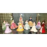 ROYAL WORCESTER FIGURINE OF ELIZABETH AND VARIOUS COALPORT BONE CHINA FIGURES INCLUDING ABBIE,