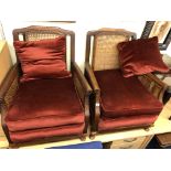 PAIR OF EDWARDIAN BEECH FRAMED BERGERE CANED ARMCHAIRS WITH LOOSE CUSHIONS