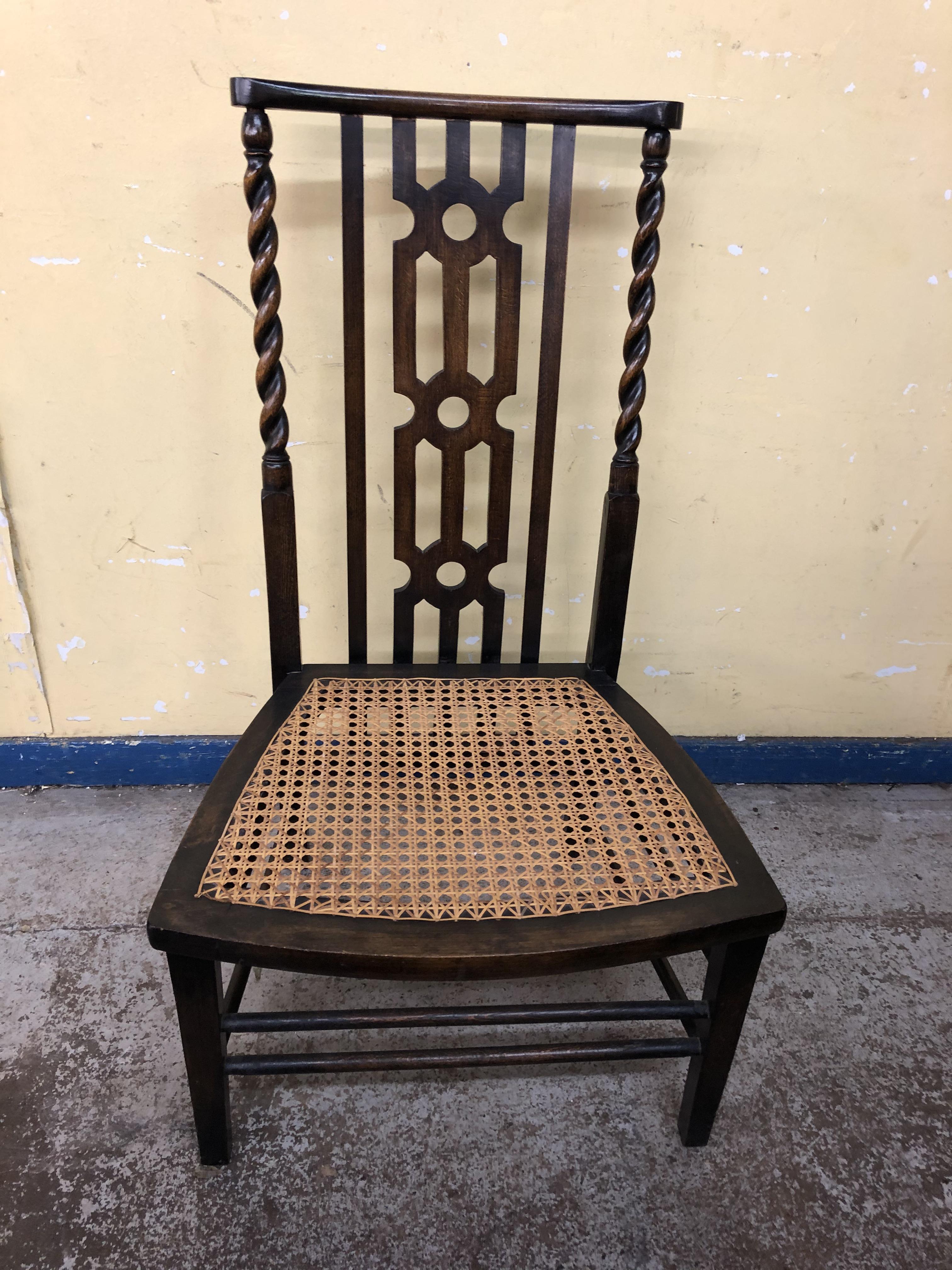 EDWARDIAN BEECH BARLEY TWIST AND CANE SEATED LOW CHAIR AND BEDROOM CHAIR