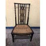 EDWARDIAN BEECH BARLEY TWIST AND CANE SEATED LOW CHAIR AND BEDROOM CHAIR