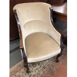 EDWARDIAN CARVED SHOW FRAME UPHOLSTERED TUB CHAIR ON CABRIOLE LEGS