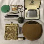 LAME PURSE, BOXED RONSON LIGHTER, VOGUE POWDER COMPACT, BAG OF PENKNIVES, MINIATURE HONER HARMONICA,