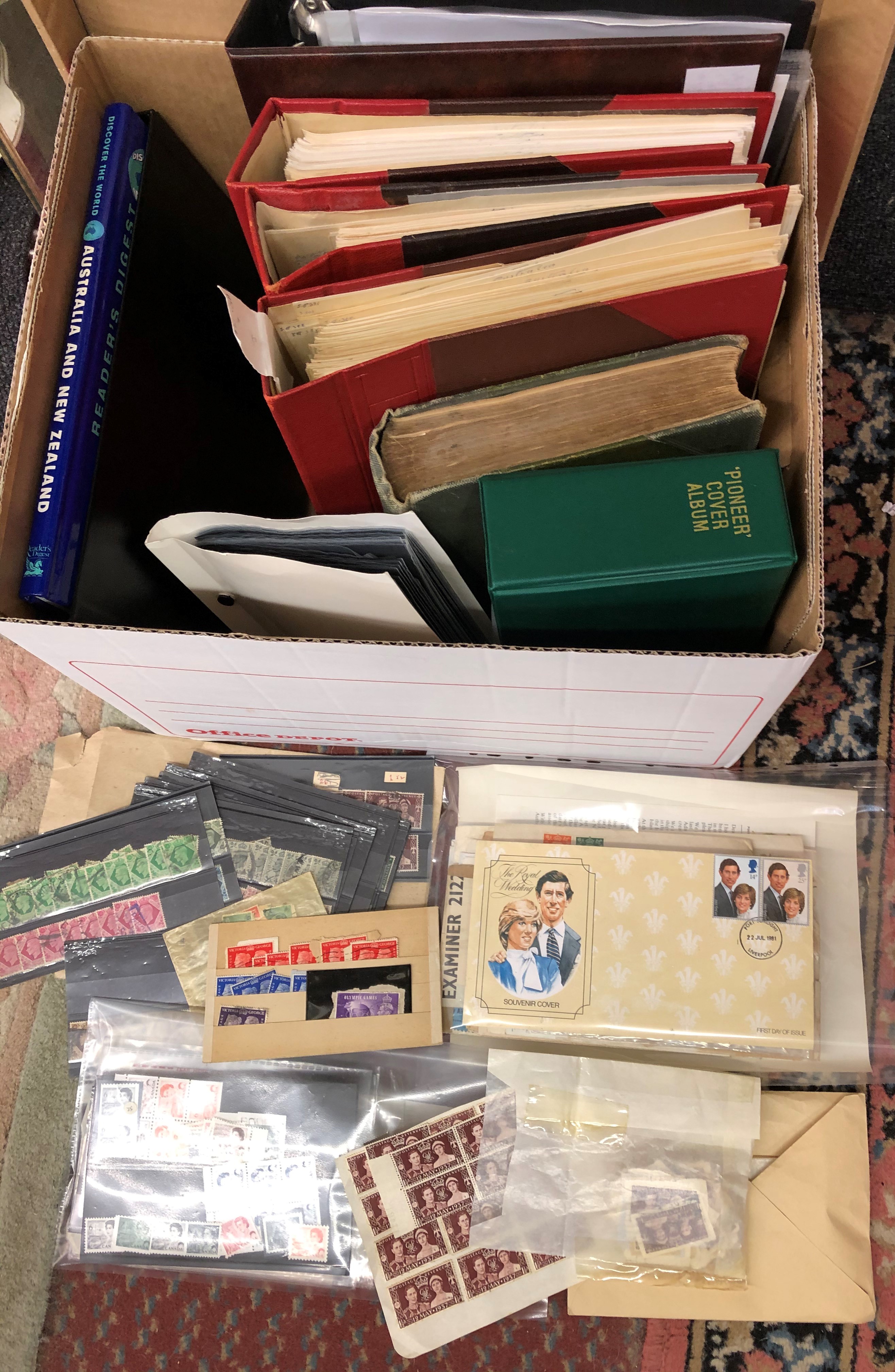 FILE BOX OF FIRST DAY COVERS AND MISCELLANEOUS STAMPS