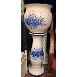 BLUE FLORAL POTTERY JARDINIERE ON STAND