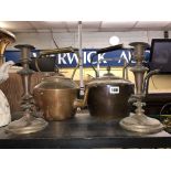 VICTORIAN COPPER KETTLES AND PLATED CANDLESTICKS