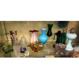 SHELF OF COLOURED GLASSWARES INCLUDING MURANO STYLE SWEETS,