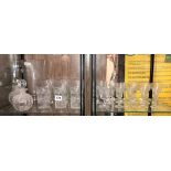 CUT GLASS ETCHED LEMONADE SET AND QUANTITY OF SHERRY GLASSES