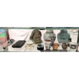 MINIATURE HIP FLASK, COMPASS, TWO CHINESE TYPE OVOID JARS AND COVERS,