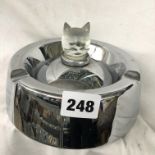 CHROMIUM AND GLASS TIGER'S HEAD ASHTRAY