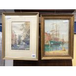 TWO SMALL WATERCOLOURS - GALLEON IN PORT TITLED 'HOME WATERS' BY H.GILL.